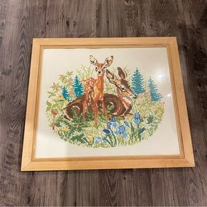 Vintage doe and fawn in the‎ meadow crewel cross stitch art very large